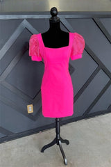 Formal Dresses For Weddings, Fuchsia Puff Sleeves Square Neck Sheath Homecoming Dress