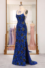 Sparkly Royal Blue Lace Up Long Sequined Prom Dress With Slit