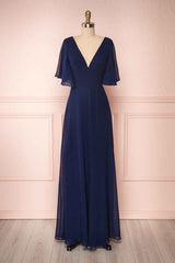 Bridesmaide Dresses Fall, Navy Blue Chiffon V-Neck Ruffled Sleeve Long Bridesmaid Dress