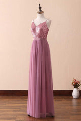 Evening Dress Shops Near Me, Dusty Purple Sequin Spaghetti Straps A-Line Long Bridesmaid Dress