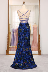 Sparkly Royal Blue Lace Up Long Sequined Prom Dress With Slit