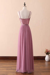 Evening Dresses Wedding, Dusty Purple Sequin Spaghetti Straps A-Line Long Bridesmaid Dress