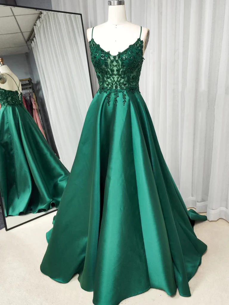 Prom Dressed Black, V Neck Open Back Green Lace Long Prom Dresses, V Neck Backless Green Lace Long Formal Graduation Evening Dresses