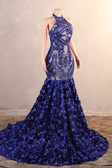 Halter Mermaid Sweep Train Backless Sleeveless Beading Evening Dress