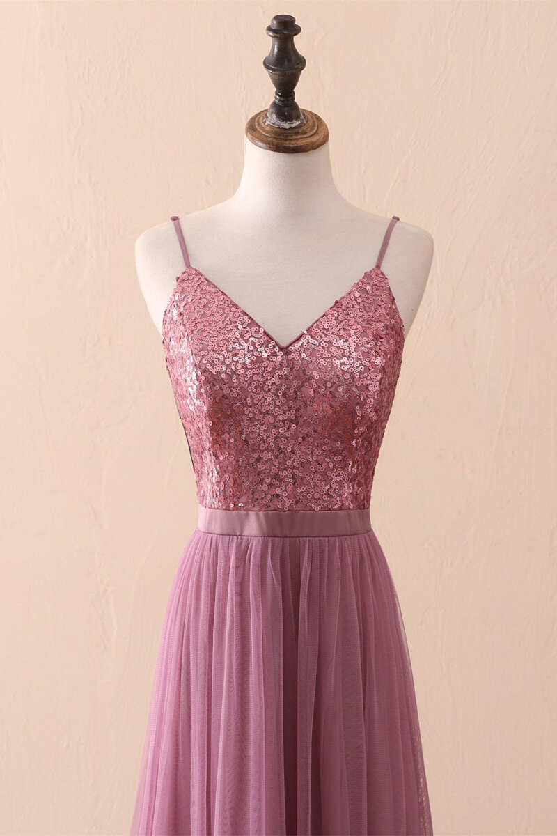 Evening Dress Wedding, Dusty Purple Sequin Spaghetti Straps A-Line Long Bridesmaid Dress