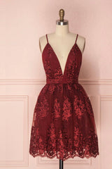 Party Dress Luxury, Burgundy V-Neck Lace Short Backless Prom Dress, Cute Lace Party Dress