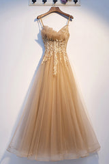 Cute Summer Dress, Yellow Tulle Lace Long Prom Dress, A-Line Lace Evening Dress