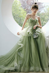 Green Tulle Long A-Line Evening Dress, Green Spaghetti Straps Prom Dress