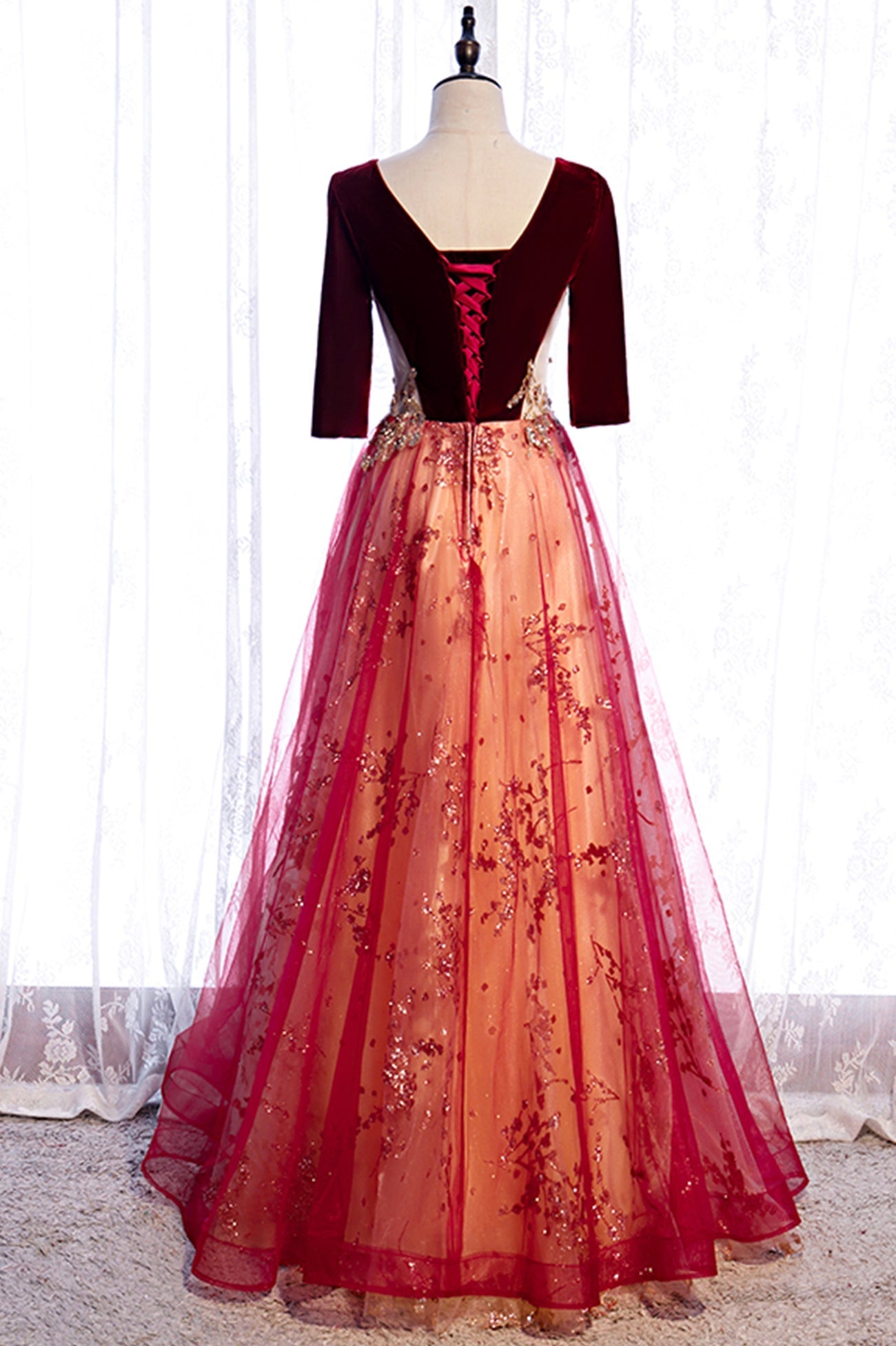 Party Dresses Formal, Burgundy Velvet Tulle Long Prom Dresses, Burgundy 1/2 Sleeve Evening Dresses