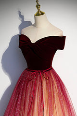 Party Dresses Stores, Burgundy Velvet Tulle Long Prom Dresses, Off the Shoulder Formal Evening Dresses