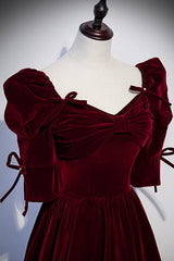 Party Dresses Long Dresses, Burgundy Velvet Long Prom Dresses, A-Line Short Sleeve Evening Dresses