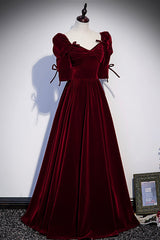 Party Dresses Express, Burgundy Velvet Long Prom Dresses, A-Line Short Sleeve Evening Dresses