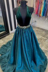 Prom Dresses Piece, A-Line Velvet Tulle Long Prom Dresses, V-Neck Evening Dresses