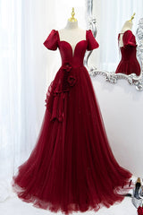 Prom Dress Sleeves, A-Line Satin Tulle Long Prom Dresses, Burgundy Evening Dresses