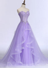 Sleeveless Sweetheart Sweep Train A-line/Princess Tulle Prom Dress With Beading Appliqued