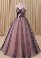 Sleeveless V Neck Long/Floor-Length Ball Gown Tulle Prom Dress With Appliqued