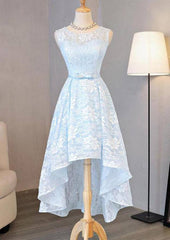 Bateau Sleeveless Asymmetrical A-line/Princess Lace Prom Dress With Waistband Bowknot