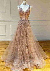 Sweep Train V Neck Lace Tulle Yarn Princess Prom Dress With Glitter