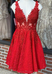 A-line V Neck Sleeveless Lace Short/Mini Homecoming Dress With Beading