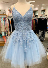 A-line V Neck Sleeveless Lace Tulle Satin Short/Mini Homecoming Dress With Appliqued Sequins