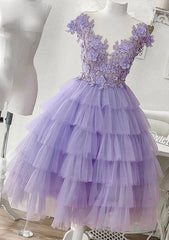 A-line V Neck Sleeveless Tulle Short/Mini Homecoming Dress With Appliqued