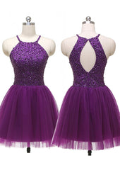 A-line Halter Sleeveless Tulle Short/Mini Homecoming Dress With Beading Pleated Sequins