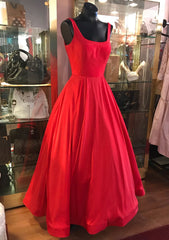 Red Prom Dresses, A-line Square Neckline Regular Straps Long/Floor-Length Satin Prom Dress