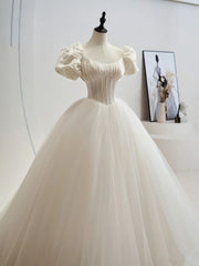 Floral Bridesmaid Dress, 2024 Charming White Ball Gown Long Prom Dresses