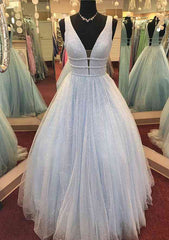 A-line V Neck Long/Floor-Length Tulle GlitterProm Dress With Beading