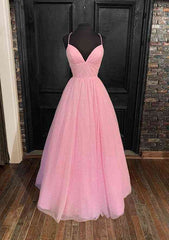 Princess A-line V Neck Spaghetti Straps Long/Floor-Length Tulle Glitter Prom Dress