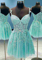 A-line V Neck Sleeveless Short/Mini Lace Prom Dress With Beading