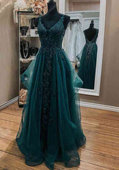 Fabulous A-line Lace With Beading Tulle Long V Neck Prom Dress