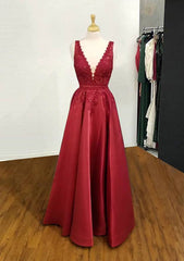 A-line V Neck Regular Straps Long/Floor-Length Satin Prom Dress With Appliqued Beading