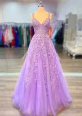 Romantic Beaded Long A-line Lace-embroidered Prom Dress