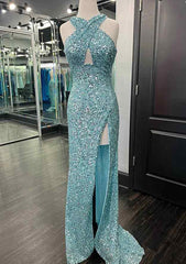 Sheath/Column Halter Sleeveless Sweep Train Velvet Sequins Prom Dress With Split