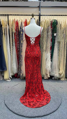 Spaghetti Straps Mermaid Sequins Prom Dress With Slit