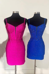 Evening Dress Shops Near Me, Royal Blue Beaded Sheath Deep V Neck Homecoming Dress