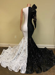 Evening Dress Sleeves, Hot Half Black Half White One shoulder Long Sleeves Mermaid Prom Dresses