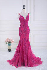 Black Lace Dress, Fuchsia Spaghetti Straps Mermaid Sequined Embroidery Long Prom Dress