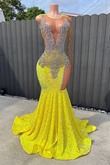 Round neck Silver Beaded Mermaid Yellow Sequin Prom Dresses