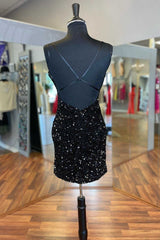 Prom Dresses Long Ball Gown, Black Sequins V-Neck Backless Short Party Dress