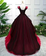 Bridesmaid Dresses Hunter Green, Unique Burgundy V Neck Tulle Long Prom Dress, Burgundy Evening Dress