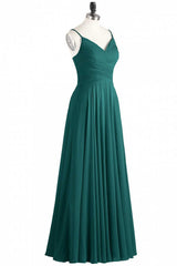 Party Dress Names, Hunter Green Chiffon V-Neck Spaghetti Straps A-Line Long Dress