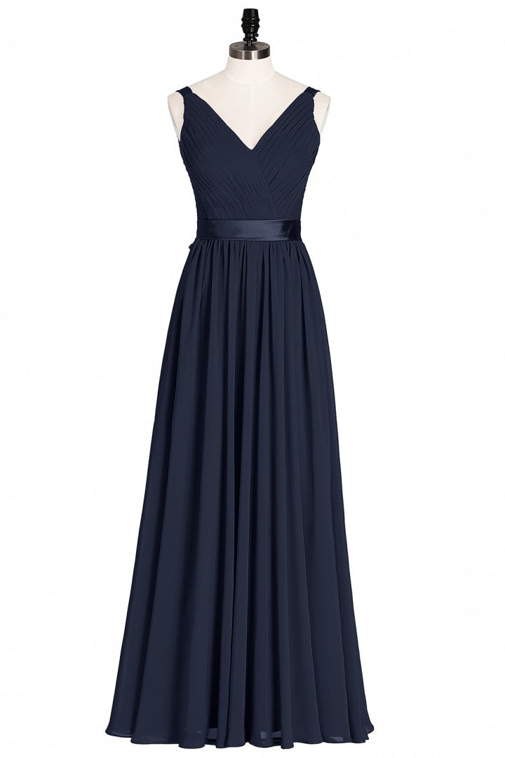 Bridesmaid Dresse Styles, Navy Blue V-Neck Tie-Back A-Line Long Bridesmaid Dress