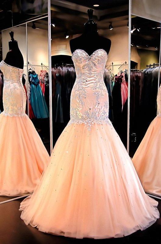 Prom Dresses For Girl, Floor-Length/Long Mermaid/Trumpet Sweetheart Tulle Prom Dresses