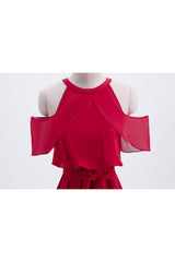 Homecoming Dress Short Prom, Red Chiffon Cold Sleeves Short Ruffles Bridesmaid Dress