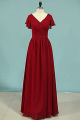 Homecoming Dress Shopping Near Me, Red Chiffon V-Neck Ruffled A-Line Long Bridesmaid Dress