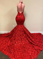 Evening Dresses For Sale, Burgundy Halter Mermaid V-neck Low back Flowers Prom Dresses