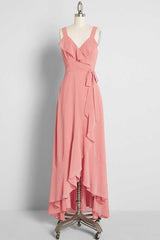 Prom Dress Fairy, Peach Straps Ruffled High-Low Bridesmaid Dress