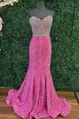 Hot Pink Sequin Rhinestones Strapless Mermaid Long Prom Dress